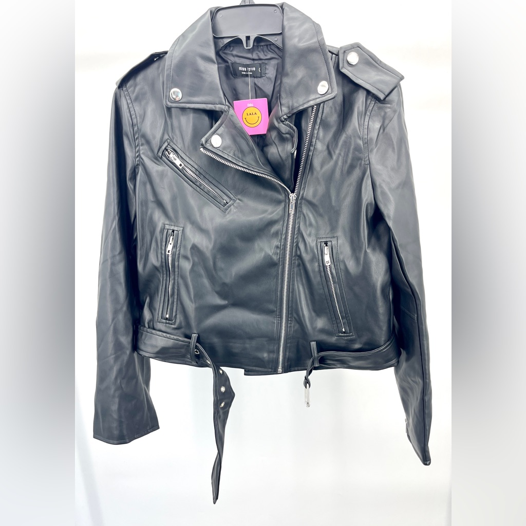 Women's Black Leather Jacket Miss Love By Lala With Pockets And Belt